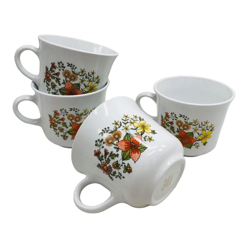 VTG‎ Corelle Corning Ware Indian Summer Cups Mugs Orange Yellow Flowers Set of 4